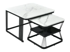 Conjunto de 2 mesas de centro nido con estante - mesa auxiliar con chapa de mármol - patas de metal - blanco y negro