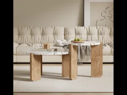 Conjunto de 2 mesas de centro modulares, diseño contemporáneo, MDF blanco y efecto madera (70x70x35 cm + 50x50x45,5 cm)