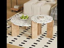 Conjunto de 2 mesas de centro modulares, diseño contemporáneo, MDF blanco y efecto madera (70x70x35 cm + 50x50x45,5 cm)