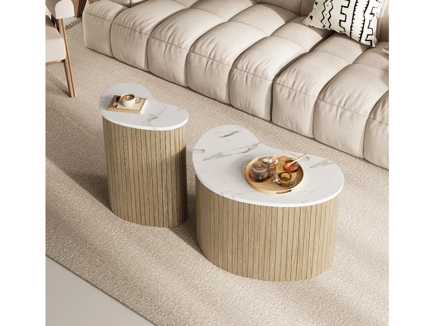 Conjunto de 2 mesas de centro modernas - textura mármol - aspecto madera - Diseño irregular - MDF - Natural