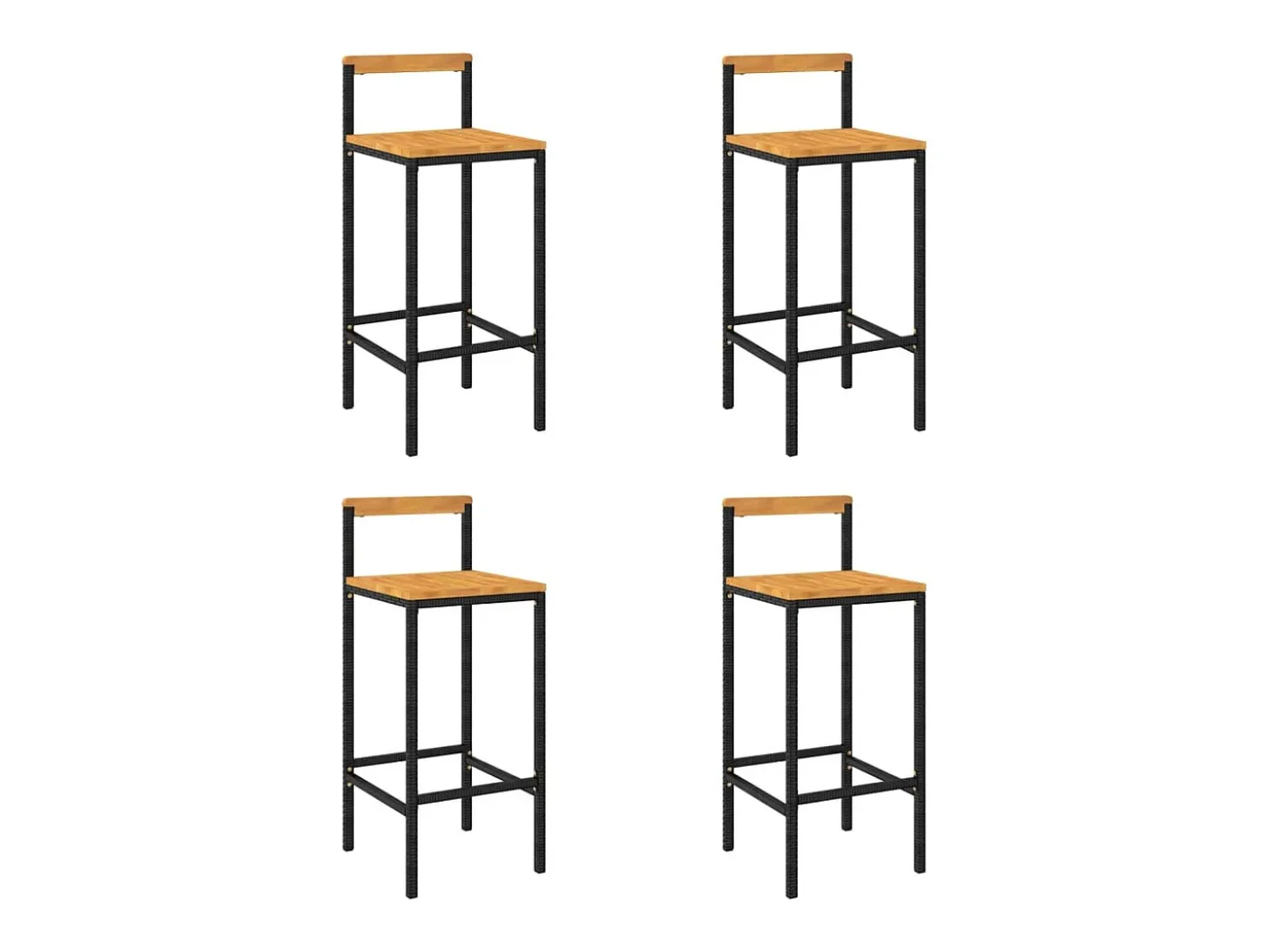 Conjunto de 4 taburetes de bar negros en resina trenzada y madera de acacia.
