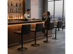 Conjunto de 2 taburetes de bar ajustables en altura con respaldo y reposapiés, cuero sintético negro moderno