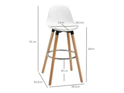 Conjunto de 2 taburetes de bar, diseño escandinavo, polipiel blanca, con reposapiés y respaldo (38,5x42,5x91cm)