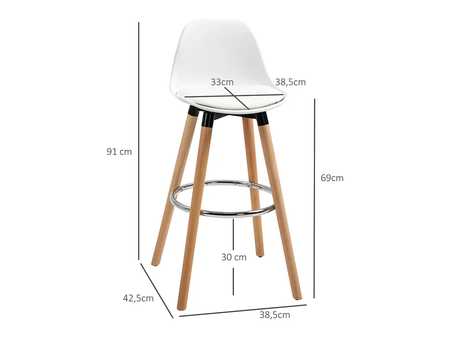 Conjunto de 2 taburetes de bar, diseño escandinavo, polipiel blanca, con reposapiés y respaldo (38,5x42,5x91cm)