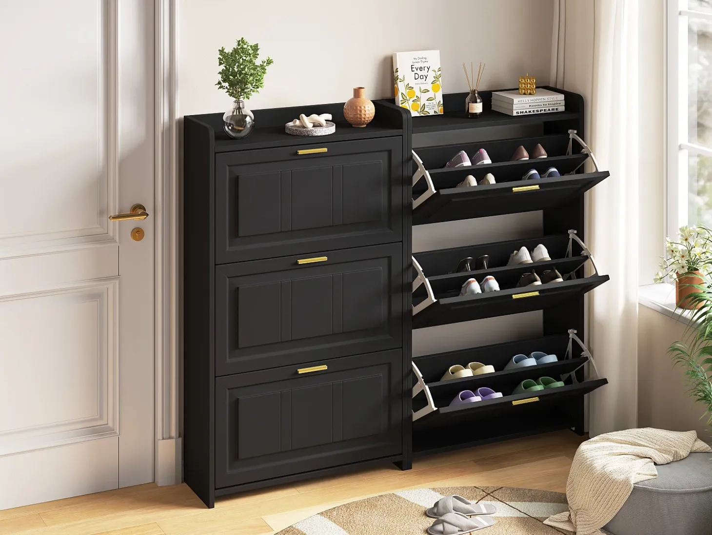 Conjunto de 2 zapateros 70 x 24 x 120 cm con 3 puertas - Negro