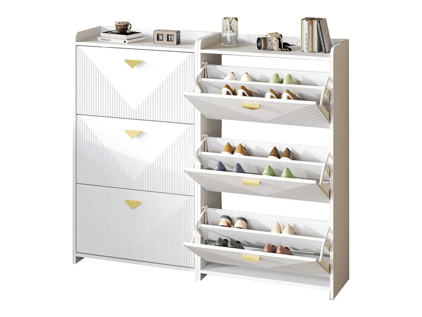 Conjunto de 2 zapateros blancos con 3 puertas abatibles y 6 compartimentos