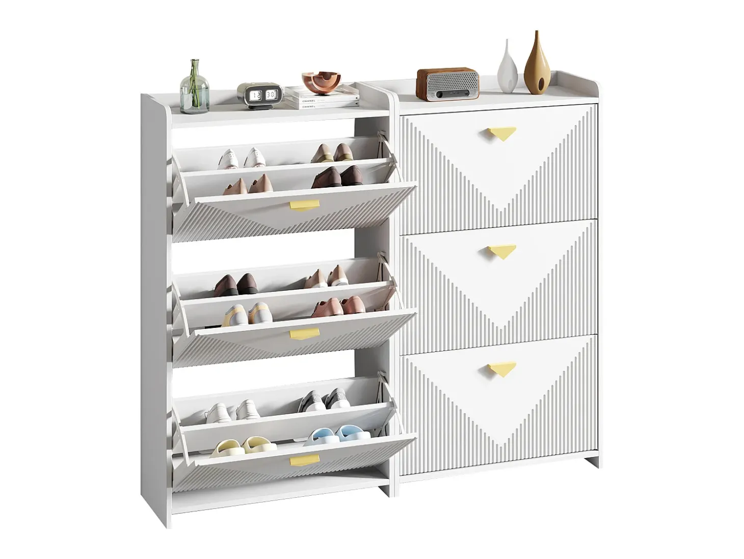 Conjunto de 2 zapateros blancos con 3 puertas abatibles y 6 compartimentos