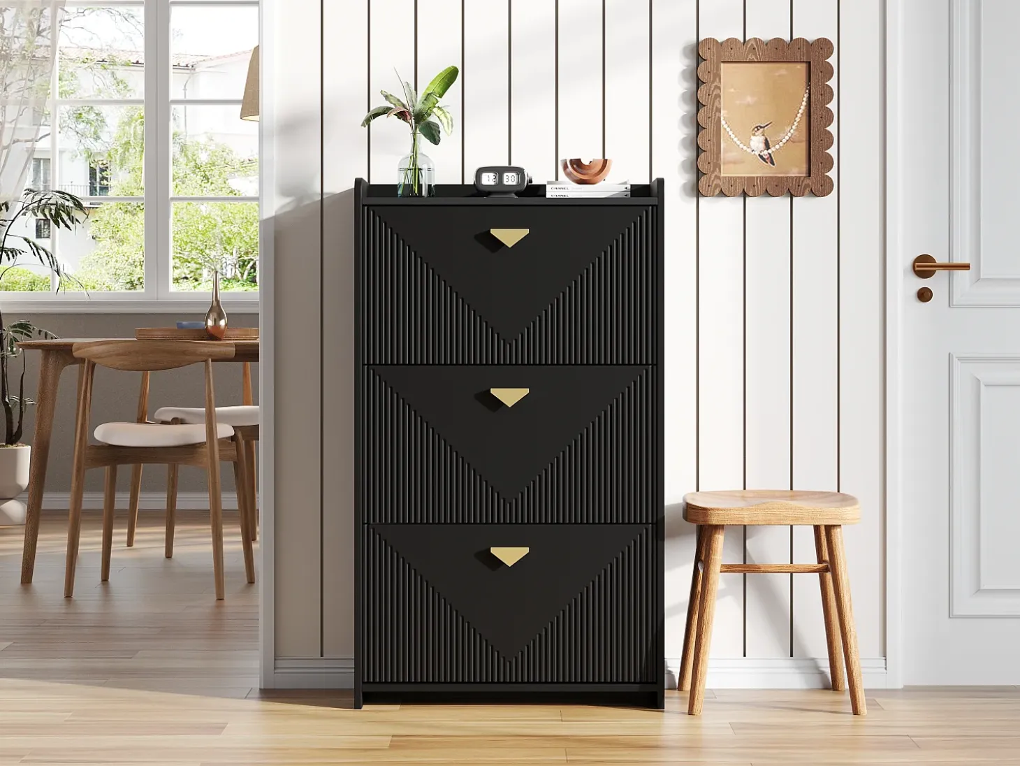 Conjunto de 2 zapateros negros con 3 puertas abatibles y 6 compartimentos