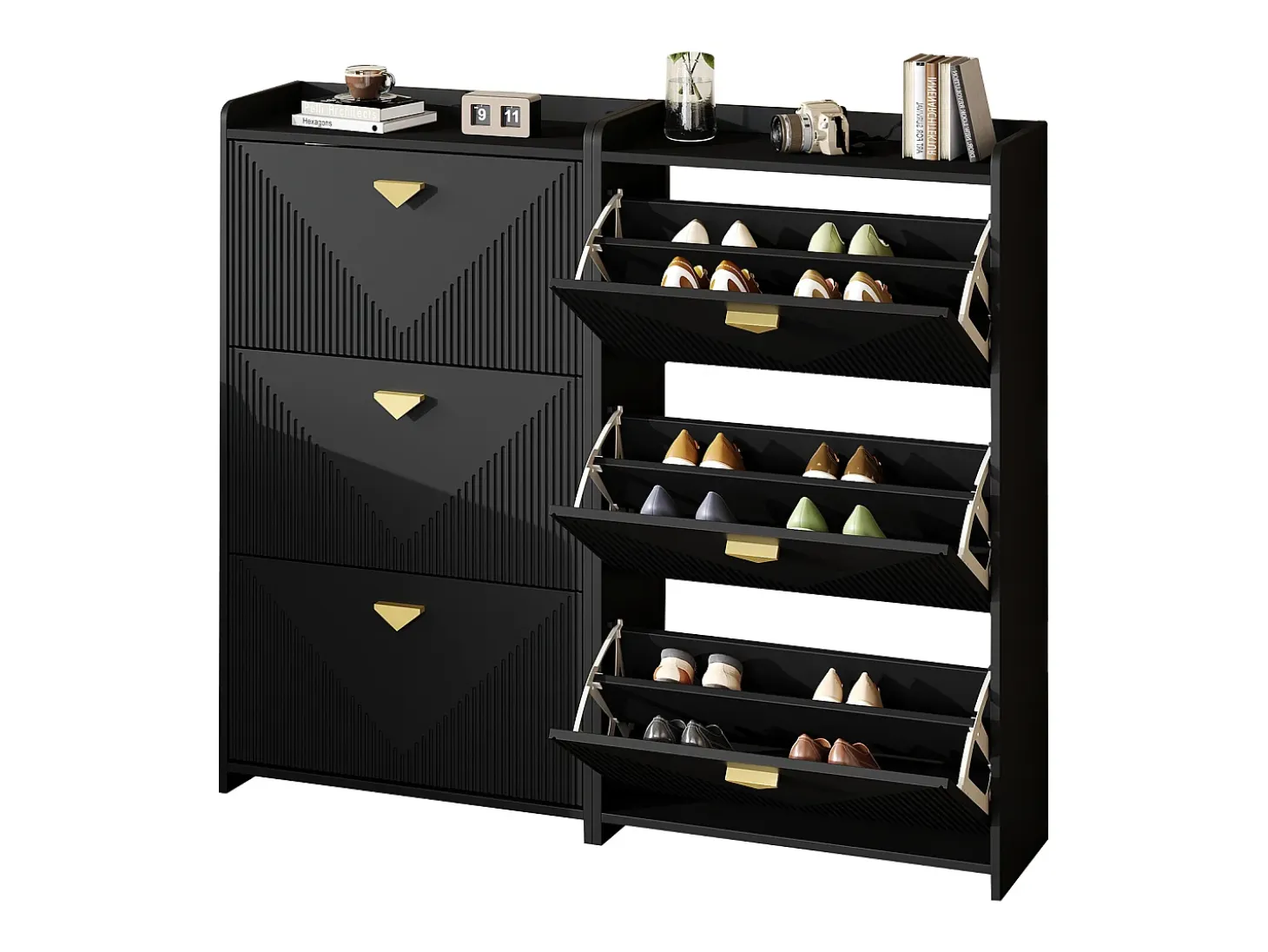 Conjunto de 2 zapateros negros con 3 puertas abatibles y 6 compartimentos