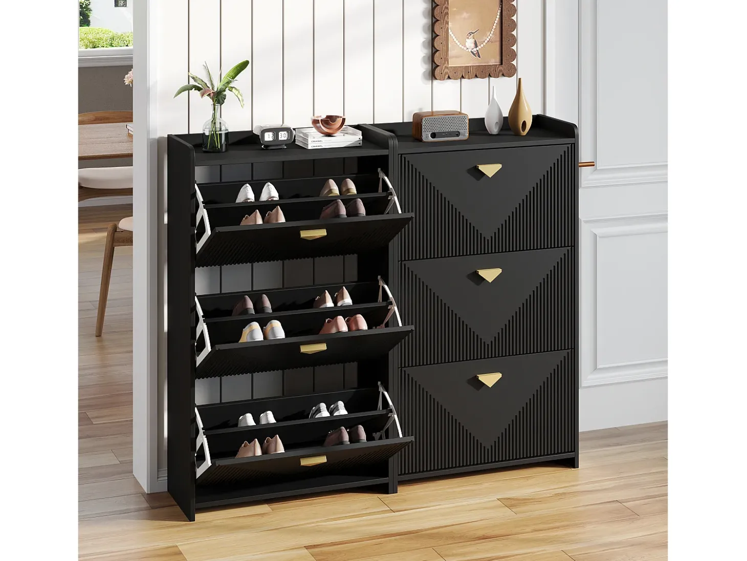 Conjunto de 2 zapateros negros con 3 puertas abatibles y 6 compartimentos