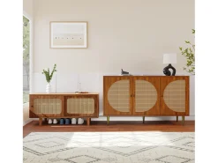Conjunto de aparador para salón - Cómoda con 3 puertas + zapatero con puertas correderas - Tablero de partículas - Diseño de ratán - Nogal