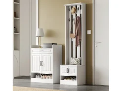 Conjunto de armario con banco zapatero y zapatero + 8 ganchos + 4 puertas + 1 cajón - aglomerado - blanco
