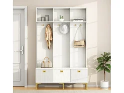 Conjunto de armario con banco, espacio de almacenamiento multifuncional, 6 ganchos dorados y patas de metal, blanco, (Dimensiones: 120 x 40 x 191,5 cm)