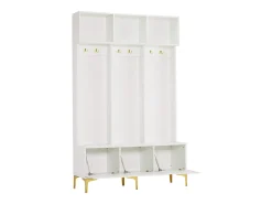 Conjunto de armario con banco, espacio de almacenamiento multifuncional, 6 ganchos dorados y patas de metal, blanco, (Dimensiones: 120 x 40 x 191,5 cm)