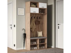 Conjunto de armario con banco + 5 ganchos + 2 puertas + 6 compartimentos de almacenaje - 80 x 35 x 185 cm - aglomerado - natural