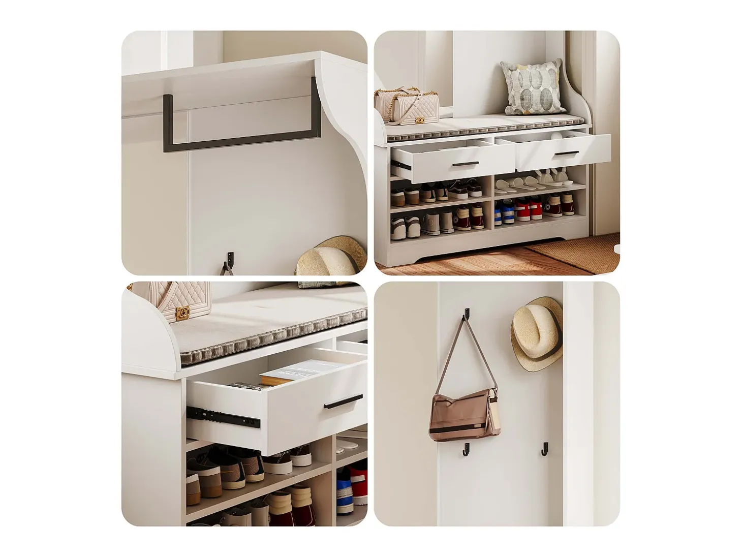 Conjunto de armario, conjunto de armario de pasillo con zapatero abierto y espejo, perchero de entrada, blanco, 104 x 35 x 180 cm
