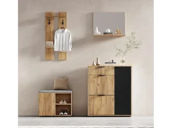 Conjunto de armario de entrada - 140 x 35 x 139 cm - con banco y zapatero + 1 espejo + estante de pared - aglomerado - natural + negro