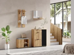 Conjunto de armario de entrada - 140 x 35 x 139 cm - con banco y zapatero + 1 espejo + estante de pared - aglomerado - natural + negro