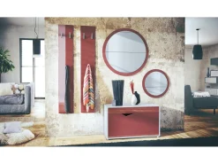 Conjunto de Armario Espoo, Recibidor con Banco Zapatero, 2 Paneles de Pared y 2 Espejos de Pared Redondos, blanco mate/burdeos de alto brillo