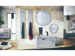 Conjunto de Armario Espoo, Recibidor con Banco Zapatero, 2 Paneles de Pared y 2 Espejos de Pared Redondos, blanco mate/hormigón oxidado