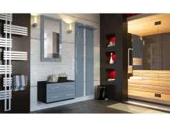Conjunto de armario Kioto, Carcasa en negro mate / Frente en gris alto brillo