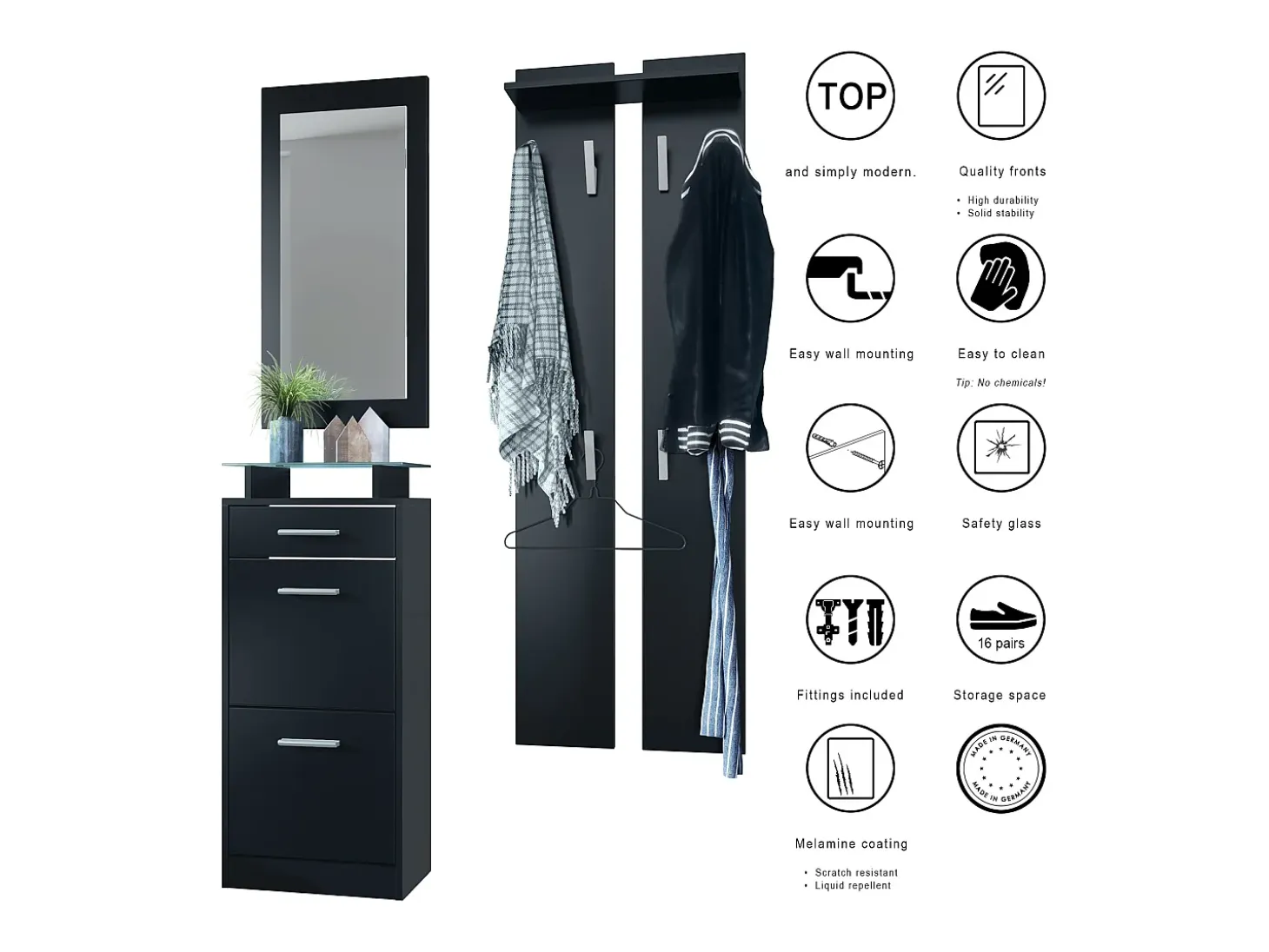 Conjunto de armario Loret V2 Mini, Carcasa en negro mate / Frente en blanco mate