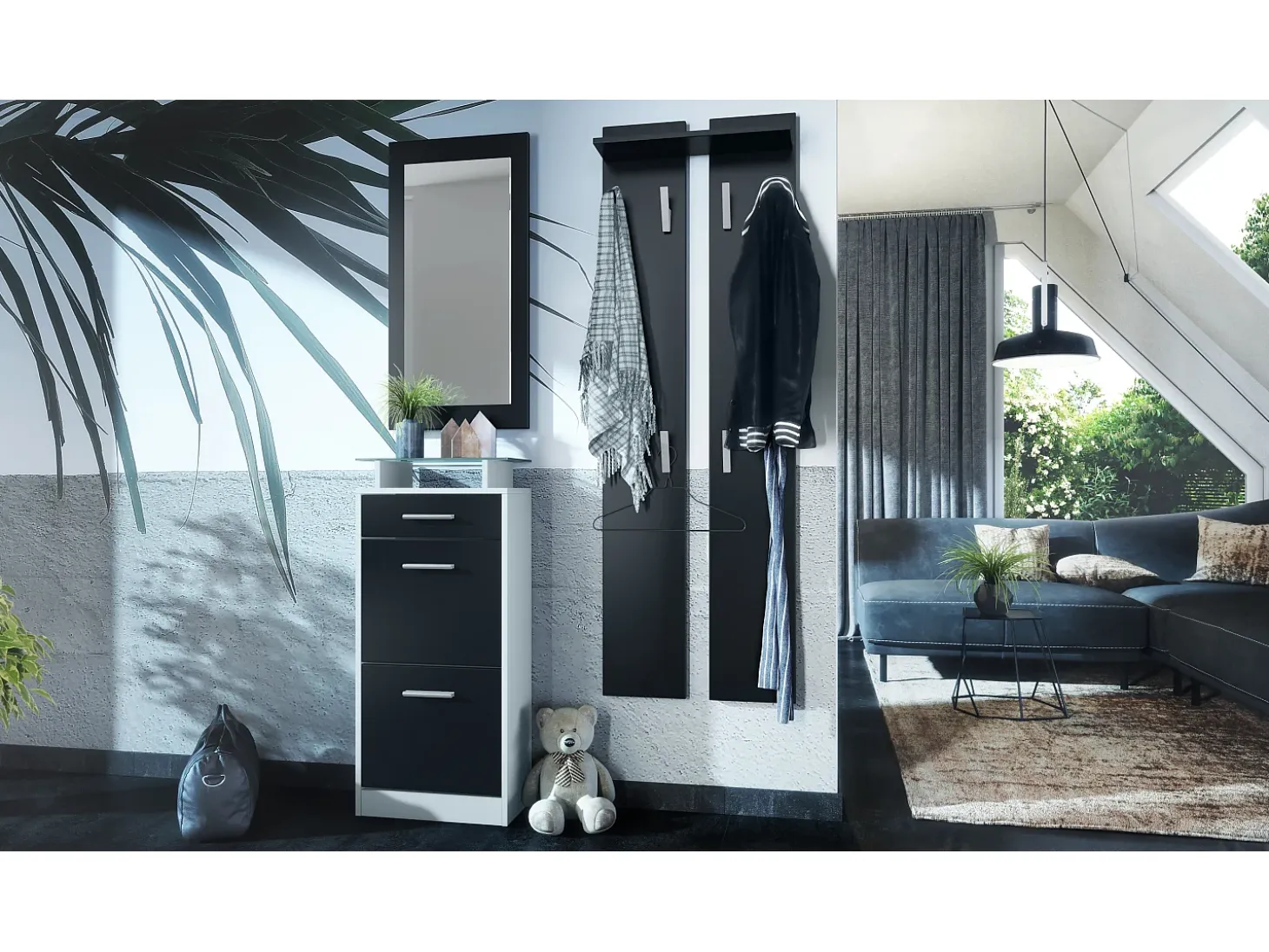 Conjunto de armario Loret V2 Mini, Carcasa en blanco mate / Frente en negro mate