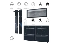 Conjunto de armario Orlando con zapatero, panel de pared y espejo de pared, negro mate/gris de alto brillo