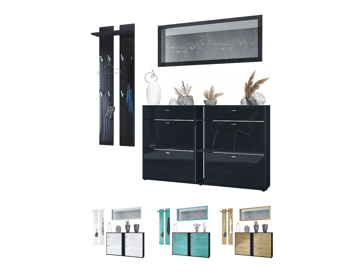 Conjunto de armario Orlando con zapatero, panel de pared y espejo de pared, negro mate/gris de alto brillo