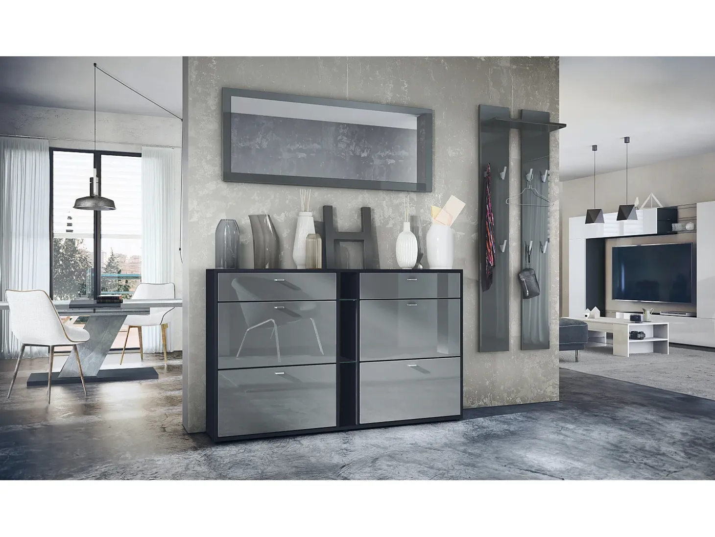 Conjunto de armario Orlando con zapatero, panel de pared y espejo de pared, negro mate/gris de alto brillo