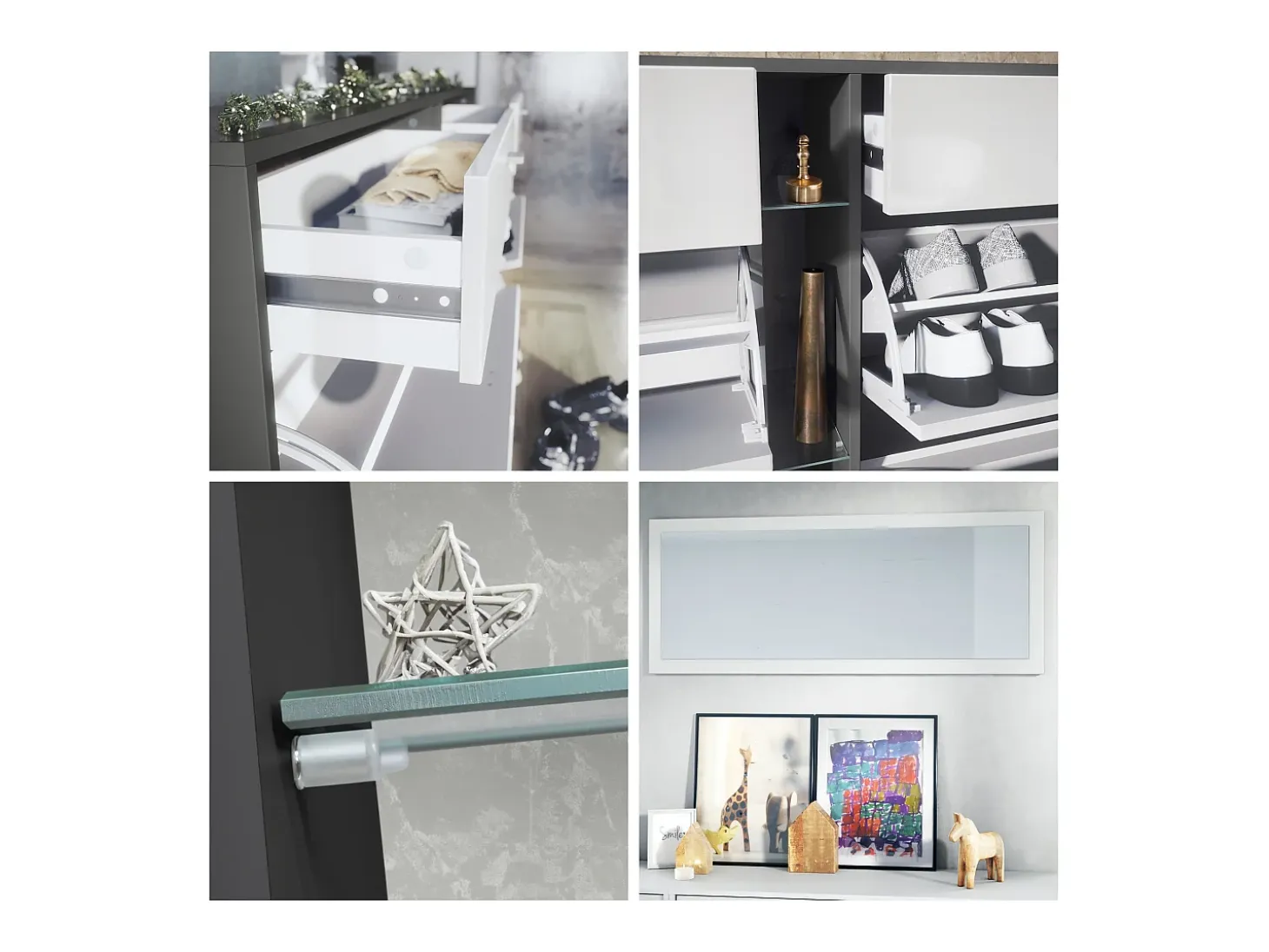 Conjunto de armario Orlando con zapatero, panel de pared y espejo de pared, negro mate/gris de alto brillo