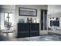 Conjunto de armario Orlando con zapatero, panel de pared y espejo de pared, negro mate/negro de alto brillo