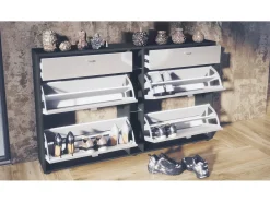 Conjunto de armario Orlando con zapatero, panel de pared y espejo de pared, negro mate/negro de alto brillo