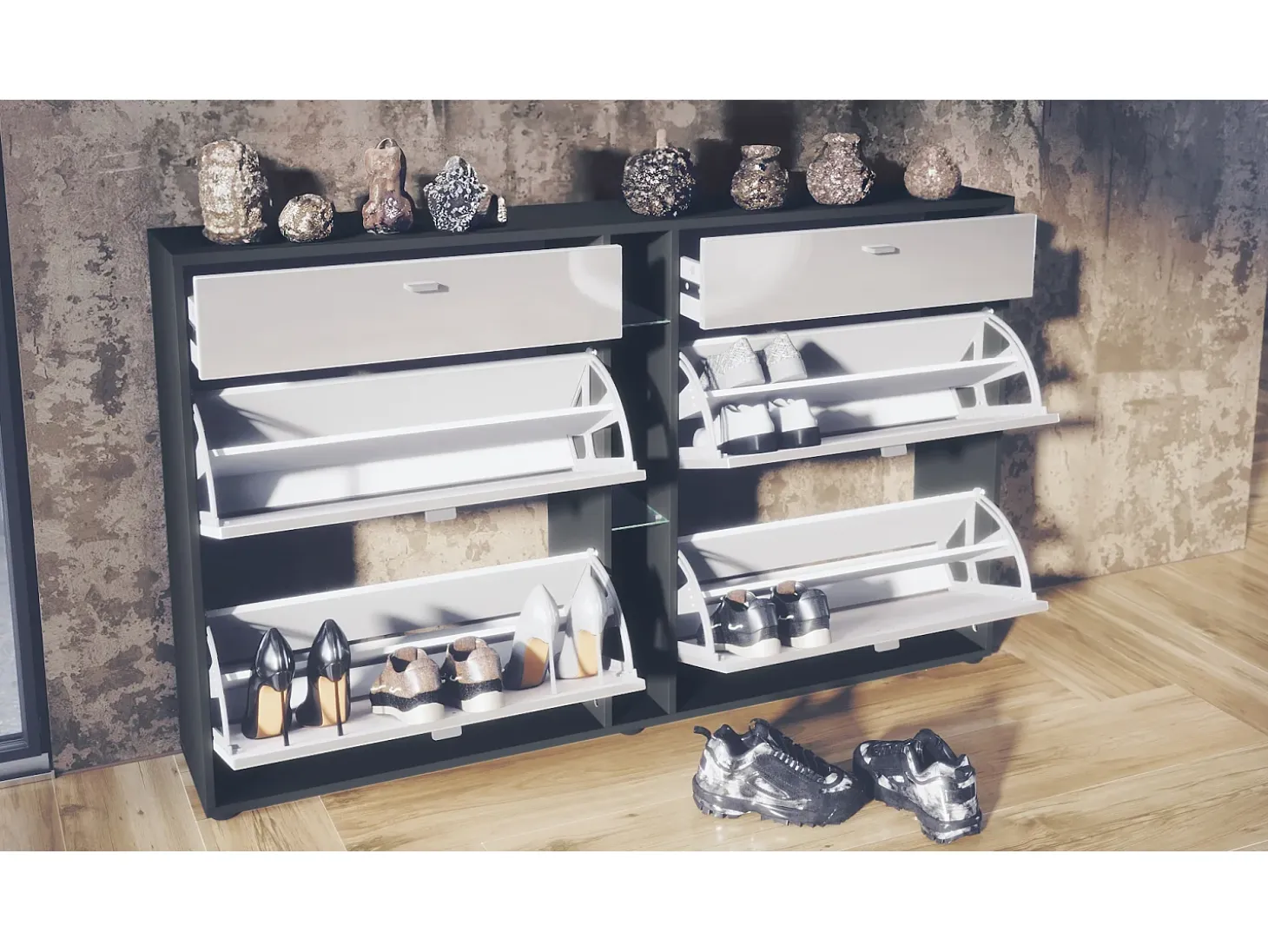Conjunto de armario Orlando con zapatero, panel de pared y espejo de pared, negro mate/negro de alto brillo