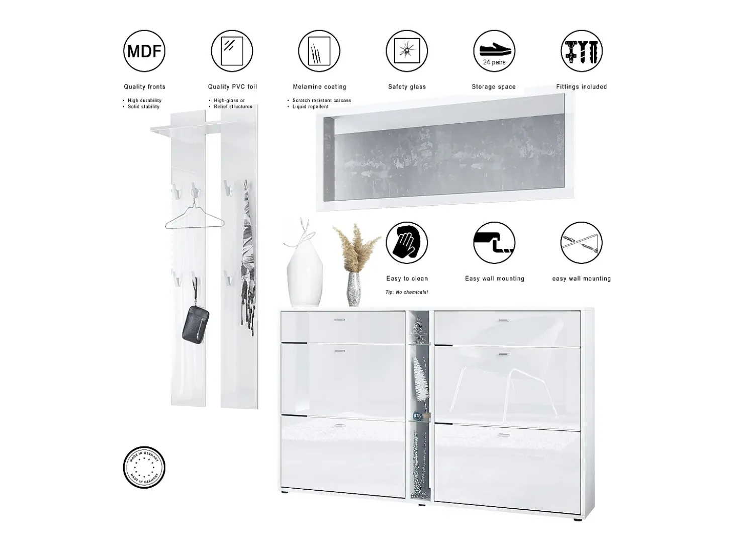 Conjunto de armario Orlando con zapatero, panel de pared y espejo de pared, blanco mate/negro de alto brillo
