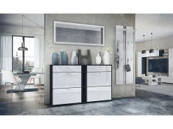 Conjunto de armario Orlando con zapatero, panel de pared y espejo de pared, negro mate/blanco de alto brillo