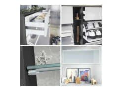 Conjunto de armario Orlando con zapatero, panel de pared y espejo de pared, negro mate/blanco de alto brillo
