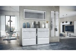 Conjunto de armario Orlando con zapatero, panel de pared y espejo de pared, blanco mate/blanco de alto brillo