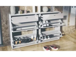 Conjunto de armario Orlando con zapatero, panel de pared y espejo de pared, blanco mate/blanco de alto brillo