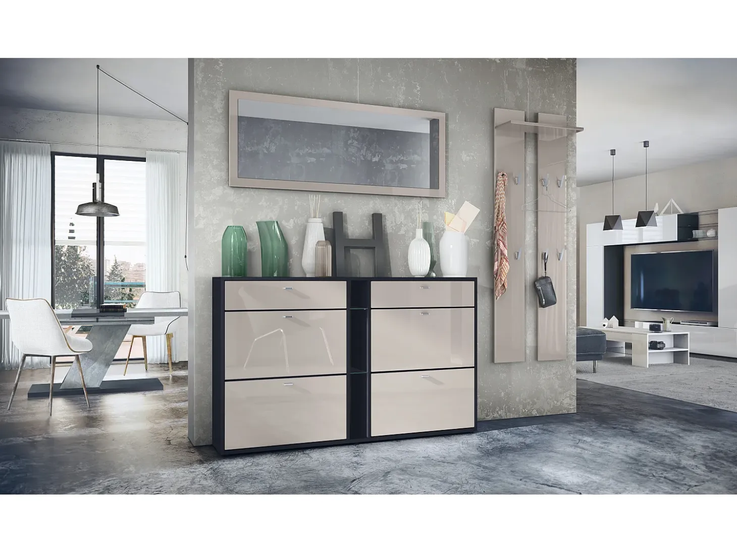 Conjunto de armario Orlando con zapatero, panel de pared y espejo de pared, negro mate/gris arena de alto brillo