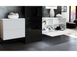 Conjunto de armario Vladon DualVista, compuesto por 1 panel para abrigos, 1 armario con cajones, 1 módulo de armario y 2 espejos, blanco mate/negro de alto brillo