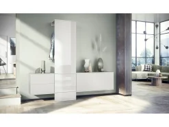 Conjunto de armario Vladon DualVista, compuesto por 1 panel para abrigos, 1 armario con cajones, 1 módulo de armario y 2 espejos, blanco mate/blanco de alto brillo