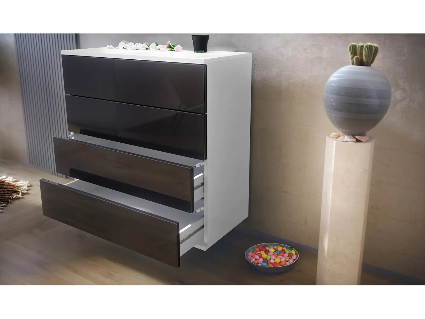 Conjunto de armario Vladon Hollywood, que consta de 1 cómoda con 4 cajones, 1 espejo y 1 juego de paneles de pared, blanco mate/blanco de alto brillo.
