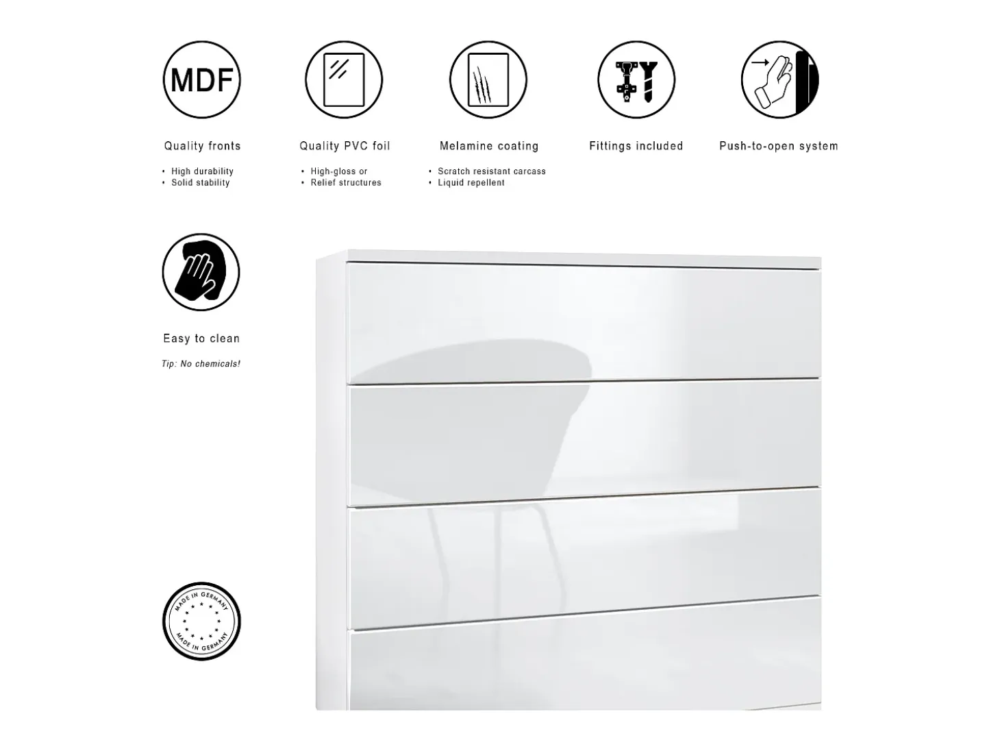 Conjunto de armario Vladon Hollywood, que consta de 1 cómoda con 4 cajones, 1 espejo y 1 juego de paneles de pared, blanco mate/blanco de alto brillo.