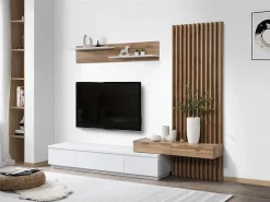 Conjunto de Comedor Con Mesa Tv y Panelado 250x200 cm - Blanco y Roble
