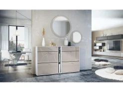 Conjunto de guardarropa Florence con zapatero y 2 espejos de pared, Hecho en ALEMANIA, blanco mate/gris arena de alto brillo