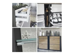 Conjunto de guardarropa Florence con zapatero y 2 espejos de pared, Hecho en ALEMANIA, negro mate/blanco mate
