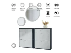 Conjunto de guardarropa Florence con zapatero y 2 espejos de pared, Hecho en ALEMANIA, negro mate/blanco mate