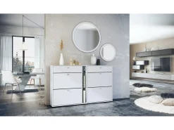 Conjunto de guardarropa Florence con zapatero y 2 espejos de pared, Hecho en ALEMANIA, blanco mate/blanco mate