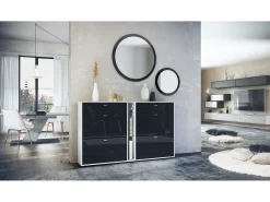 Conjunto de guardarropa Florence con zapatero y 2 espejos de pared, Hecho en ALEMANIA, blanco mate/negro de alto brillo